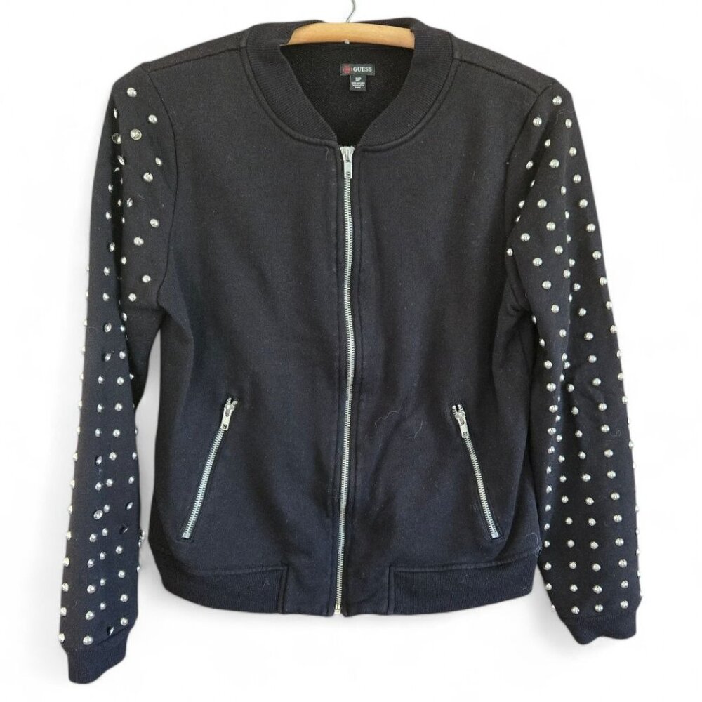 Guess Black Studded Bomber Jacket Womens Small Zip Front Metallic Embellished - Picture 2 of 7